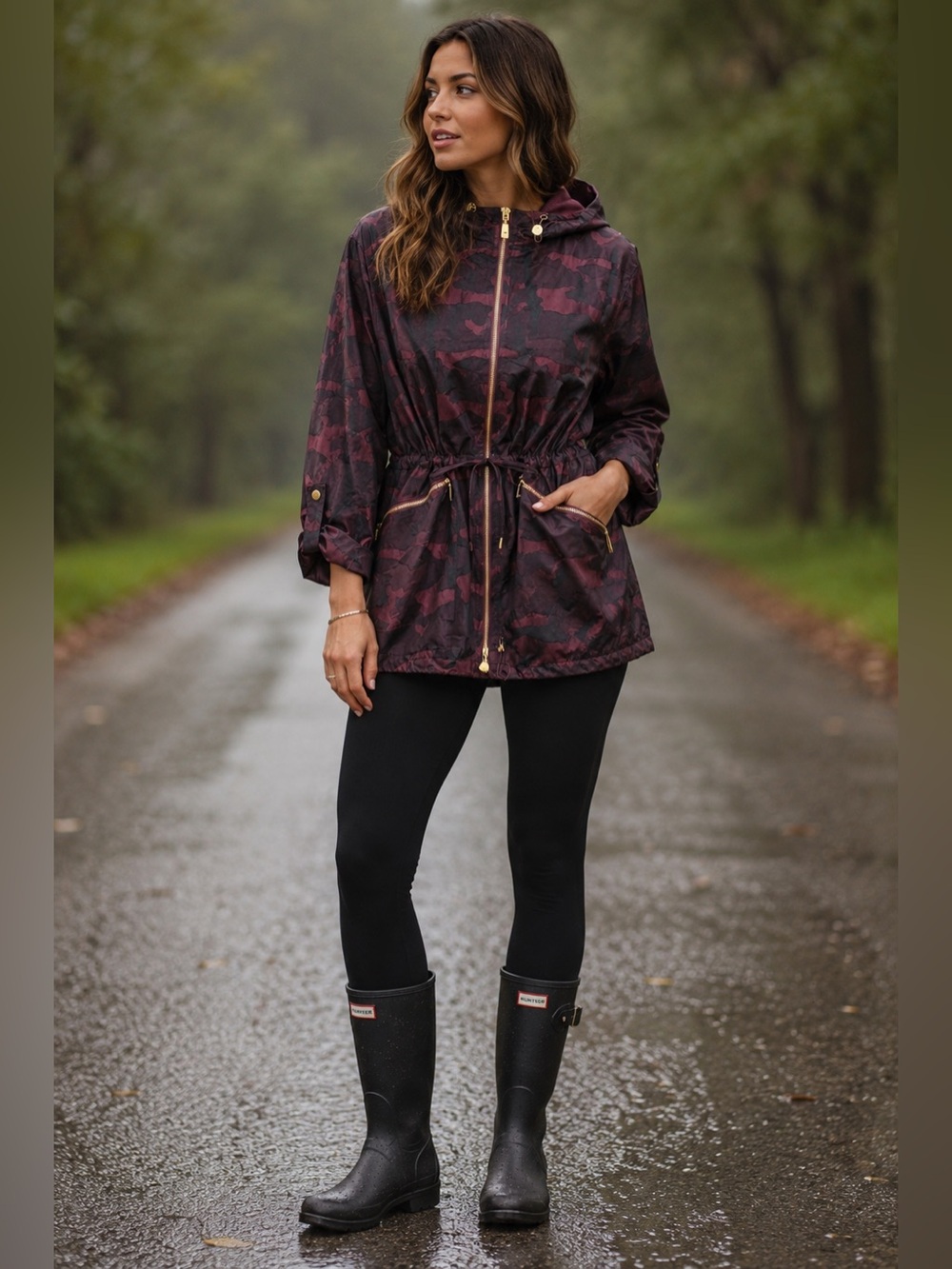 Chico's Maroon & Black Camo Drawstring Utility Jacket